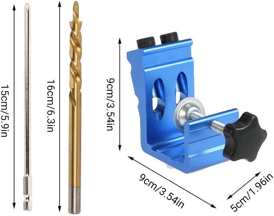 Diagram showing the dimensions of the Romacci Pocket Hole Jig and its components