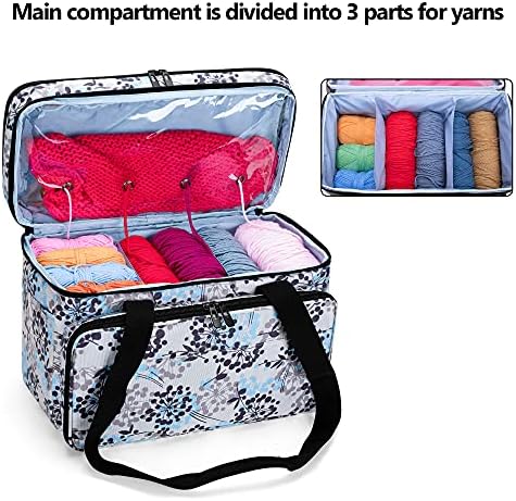 CURMIO Double-Layer Knitting Tote Bag, Yarn Storage Bag with Compartments for Crochet Hooks, Knitting Needles(Up to 14/35.5cm), Knitting WIP or Accessories, Dandelion(Bag Only)