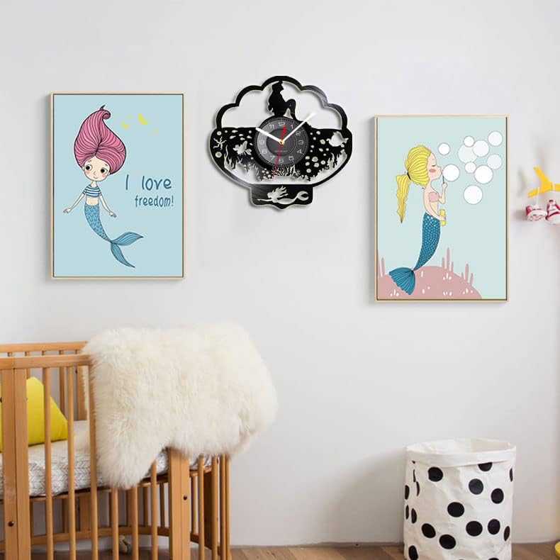 Miniatura 5 de Reloj de pared de vinilo, un reloj de pared en forma de sirena con función de luz nocturna de 7 colores, es un regalo para niños.