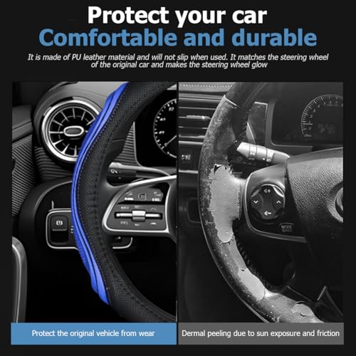 Image of Osilly 15 Inch Car Leather Steering Wheel Cover, Automotive Accessories Elastic Breathable Anti-Slip Soft Wheel Protector Fits Men and Women, Suitable for SUVs, Trucks, Vehicles and RVs (Black /Blue)