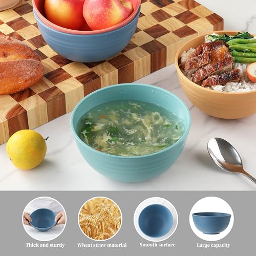 MONGSEW Unbreakable Wheat Straw Cereal Bowls, Microwave & Dishwasher Safe Kitchen Bowls for Cereal, Snack, Rice, Soup and Salad, 4 Colors, BPA Free, 26oz (Set of 8)