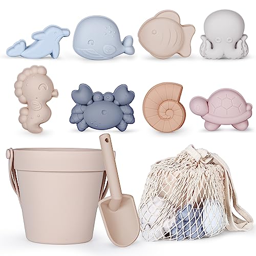 MarcZero 11Pcs Silicone Beach Toys,Modern Baby Beach Toys,Travel Friendly Beach Set,Silicone Bucket, Shovel, 8 Sand Molds, Beach Bag,Silicone Sand Toys for Toddlers, Kids (Begie)
