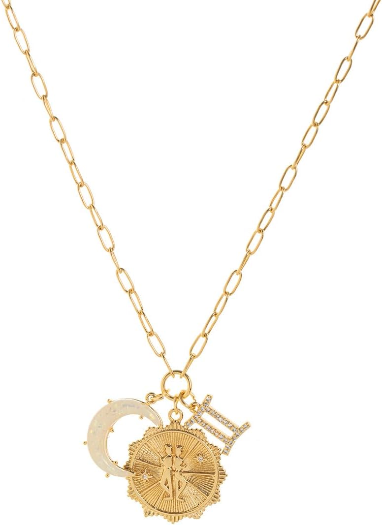 Zodiac Necklaces for Women,14K Gold Zodiac Sign Coin Necklace with Opal Crescent Moon 12 Constellation Astrology