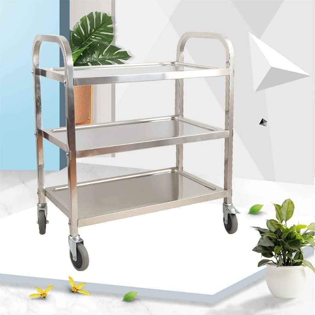 Chariot de Service Mobile à 3 Niveaux en Acier Inoxydable avec poignée Ergonomique et roulettes silencieuses avec Freins, idéal pour la Cuisine, l'hôtellerie, la restaura