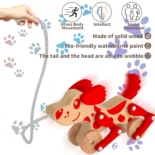 Image of Montessori Toys 1 2 3 4 Years Old Boys Girls Wooden Walking Pull Dog Toy for Baby Toddler, Pull Along Walking Toys, Walk Along Puppy Pull, Wooden Pull & Push Toy (Red)