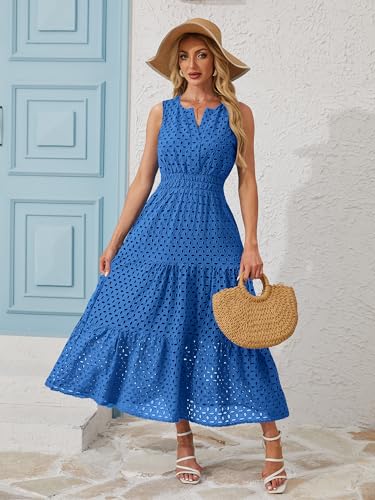 Image of Women 2026 Summer Maxi Dress Casual V Neck Sundress Sleeveless Hollow Out Eyelet a Line Long Flowy Beach Vacation Dresses(Blue,S)