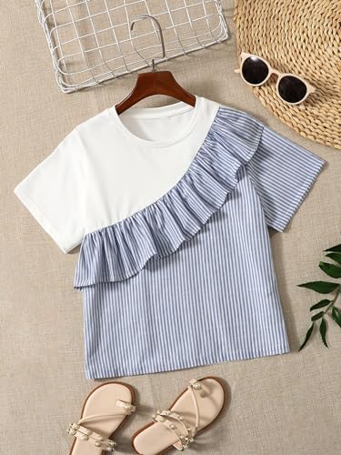Image of OYOANGLE Girl's Colorblock Striped Print Ruffle Trim Short Sleeve T Shirts Round Neck Casual Shirt Tops Blue and White 8Y