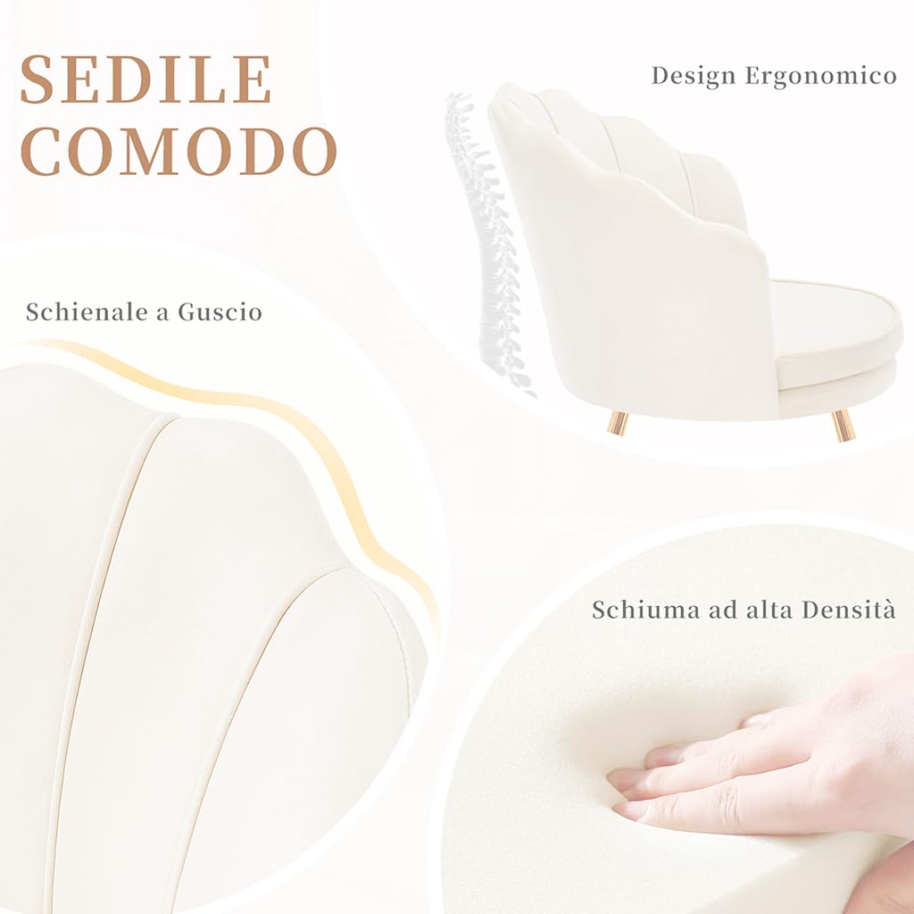 Hellove Sedia Trucco, Poltrona Conchiglia in Velluto con Placcato Oro Metallo Gambe, Moderno Poltrona Salotto con Seduta Morbida Imbottita per Camera da letto/Soggiorno/Vanità, Beige