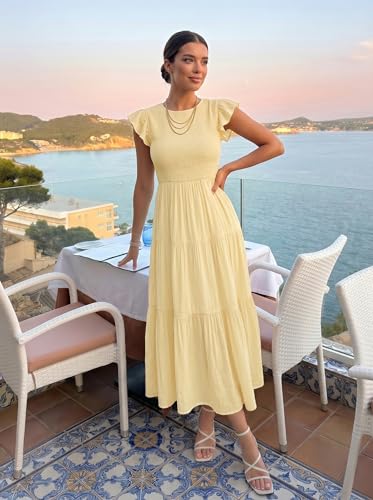 Image of ZESICA Women's 2026 Summer Casual Flutter Short Sleeve Smocked Midi Dress
