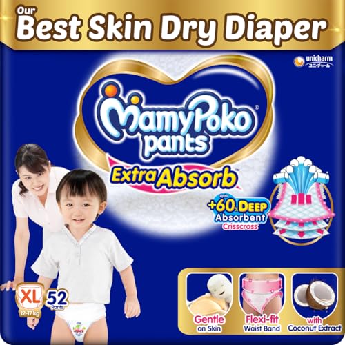 MamyPoko Pants Extra Absorb Baby Diapers, Extra Large (XL size) | 12-17 kg | 52 Count |Deep Sleep Diapers| Soft gentle fit |Deep Absorbent Crisscross 