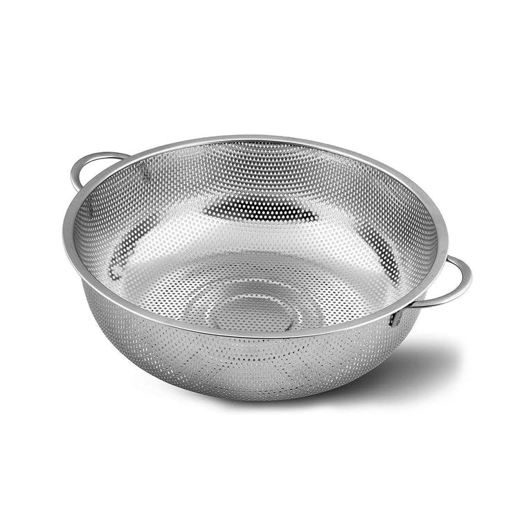 Image of KRESHU 22.5cm Stainless Steel Rice Washing Colander Strainer with Handle Micro-Perforated Strainer for Clean & Drain Vegetable /Fruit /Pasta /Rice Dishwasher Safe Washing Bowl (Pack of 1)