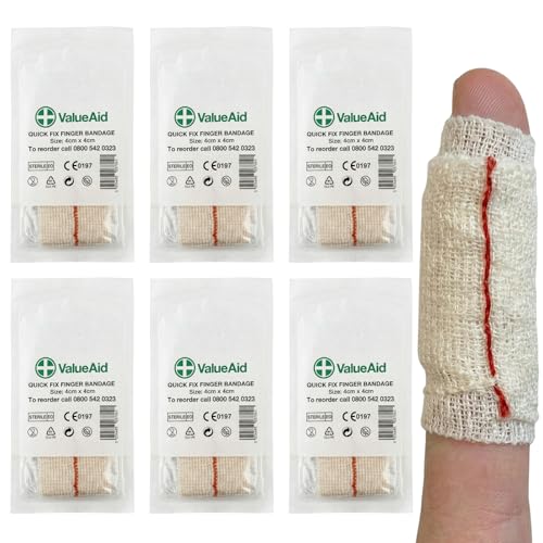 Value Aid 6 x Quick Fix Finger Bandage 4cm x 4cm Sterile Finger Dressing - Latex Free Stretch Gauze Finger Bandages with Pad - First Aid Supplies