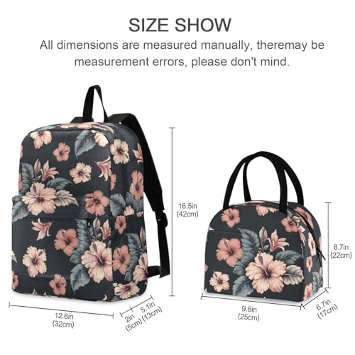 MCHIVER Black Hibiscus Flower School Backpacks for Boys & Girls Light Weight Bookbag set with Lunch Box Rucksacks for Work School 2 Pcs 16.5 Inch4