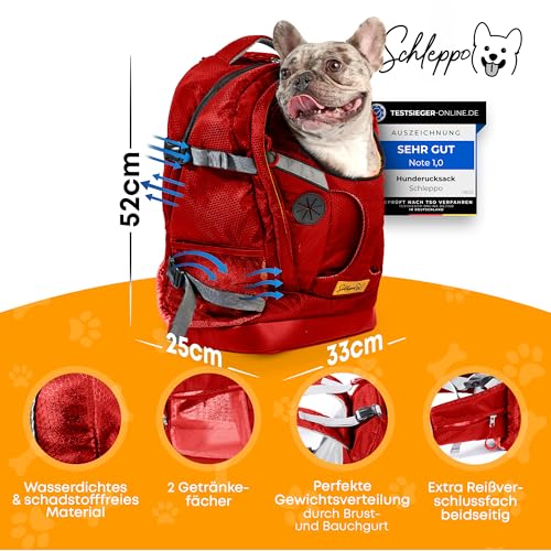 Schleppo Hunderucksack bis 7kg | Rucksack für Hunde | Extrem hoher Atmungsaktiver Hunde Rucksack zum Wandern, Nahverkehr & Co | Transport-Rucksack Wasserdicht (Rot, Einheitsgröße)