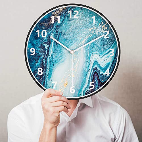 Wall Clock For Living Room Decor, Modern Marble Art Wall Clocks Battery Operated, 12 In Small Silent Non Ticking Abstract Wall Clock For Bedroom/Kitchen/Bathroom/Office, Blue & Gold #TOP6
