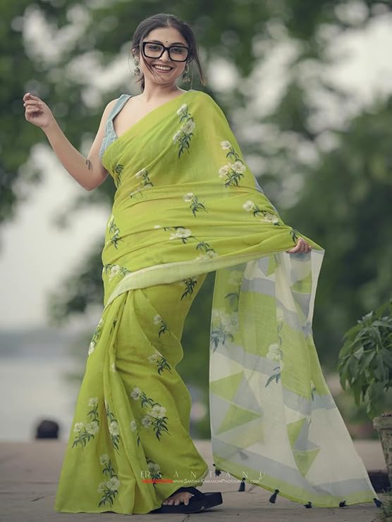 Image of RAJESHWAR FASHION WITH RF Women's Lime Green Floral Print Linen Cotton Saree with Contrast Pallu, Tassel Border, Traditional Summer Festive with Blouse Piece