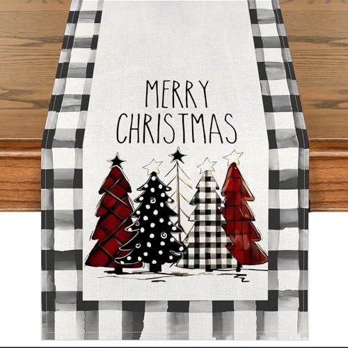 Black White Waterclor Buffalo Plaid Christmas Trees Christmas Table Runners, 72x13Inch Holiday Table Runners Christmas Buffalo Plaid Table Decorations for Home Party Decor