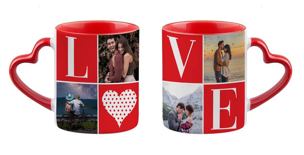 Getagift Love Theme Personalised Collage Any Image Valentines Day Birthday Anniversary Unique Ceramic Heart Handle Coffee Mug - ONLY ONE Mug (Red)