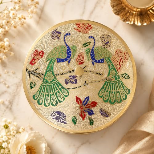 Image of Brass Spice Box with Peacock Lid & Spoon | Handcrafted Round Masala Dabba with 7 Containers | Traditional Brass Masala Box for Kitchen | Masala Dani for Kitchen Stylish