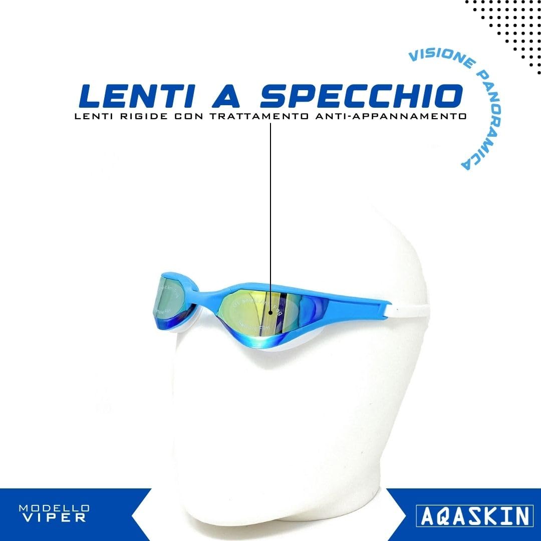 Occhialini Nuoto Professionale Modello VIPER - Anti-Appannamento e Anti-Perdita - SCONTI QUANTITÀ - Piscina e Mare per Adulti e Bambini, 6 ponti nasali, cinturino doppio.