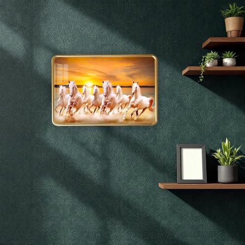 Image of 7 Running Horses Photo Frame, Ultra High Gloss Lamination, Vastu Painting for Living Room, Office, 12x18 Inch (Design 6)