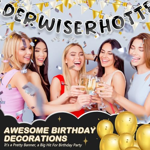 Image of Fulmoon Set of 3 Pre Strung Older Wiser Hotter Glitter Banner Funny Birthday Banner for Women 30th 40th 50th 60th 70th 80th Birthday Party Decorations Sign Gift(Bright Black and White)