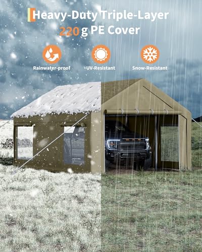 Image of GarveeLife 12x20 ft Portable Garage, Car Port with 200 g PE Tarp Cover, with Front & Rear Roll-Up Doors and 4 Windows, for Temporary Paint Booth, Boats&Pickups Shed, and Event Shelter, Khaki