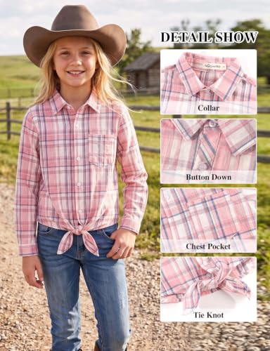 Image of Noomelfish Girls Long Sleeve Button Down Shirt Tie Front Western Tops Cowgirl Outfit (5-14 Years)