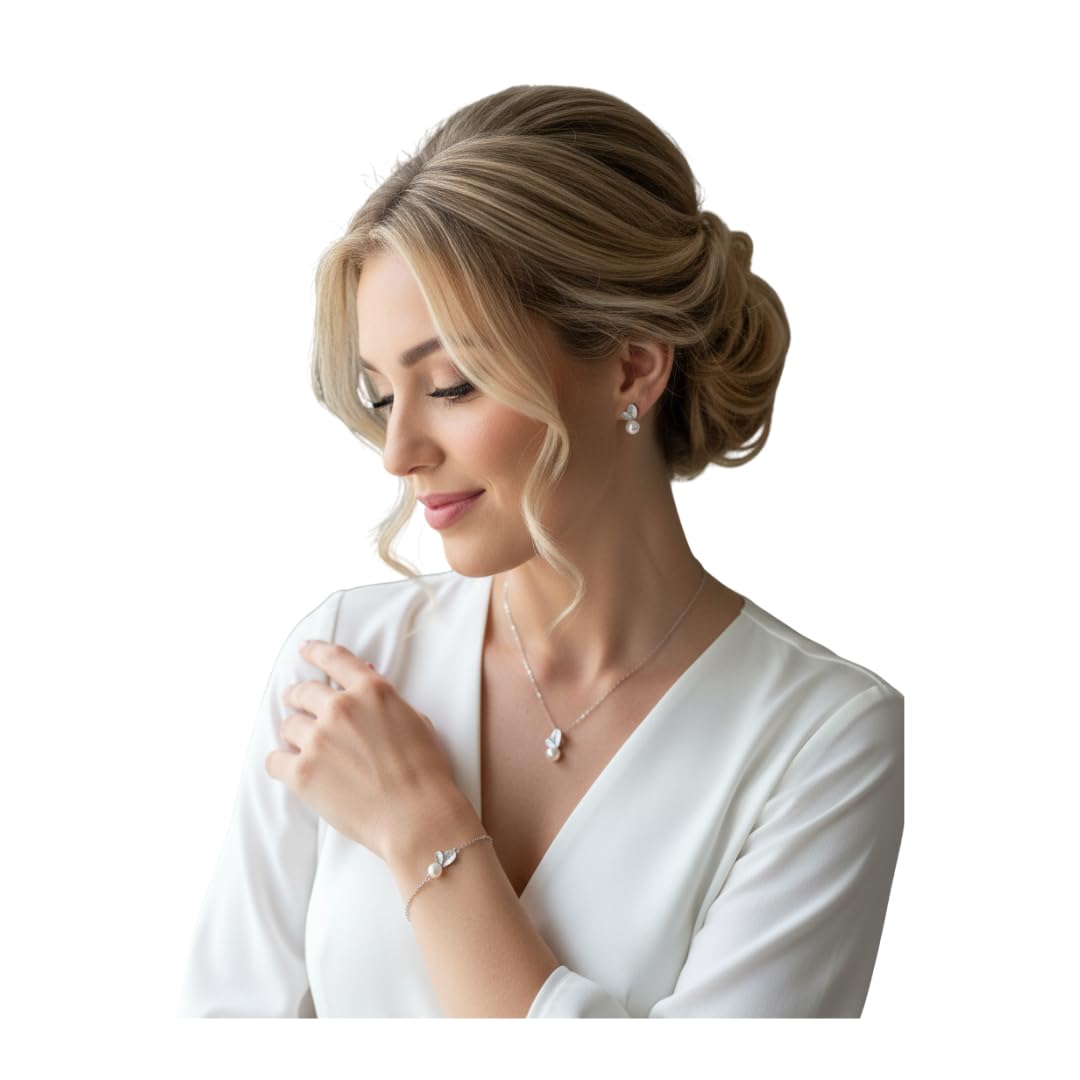 925 Silber Schmuckset Damen Perlen Blätter Halskette Ohrringe Armband Zirkonia Strass Brautschmuck Hochzeit Kommunion