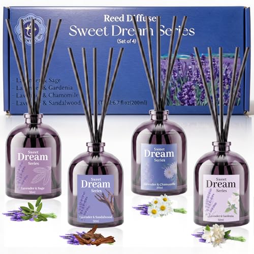 SCENTORINI Reed Diffuser Set for Sleep Relax 4 * 1.69oz Natural Lavender Essential Oil Diffuser Scented Reed Diffuser Home Fragrance for Room Spa Bedroom Bathroom Hotel Home Decor