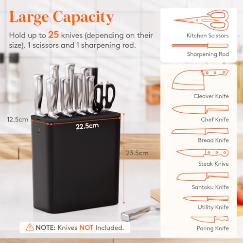Lifewit Knife Holder Without Knives, Plastic Universal Knife Organiser, Space Saver Kitchen Storage Organizer with Detachable Scissors and Sharpening Rods Slots, Hold Up to 25 Knives,Black - Image 3