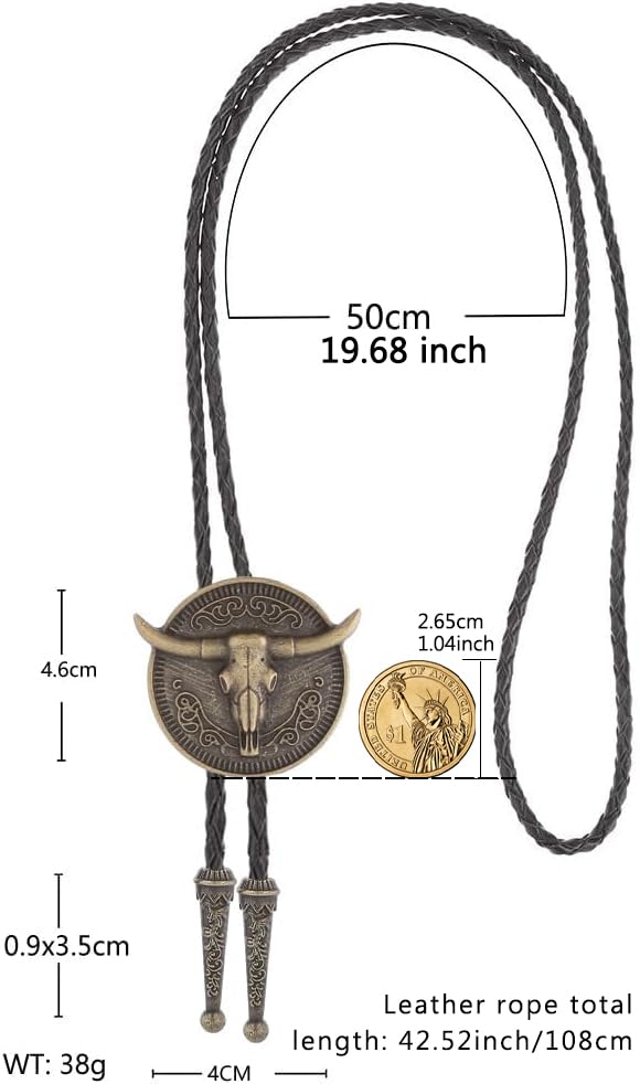 Image of GelConnie Longhorn Bull Bolo Tie for Men Native American Western Cowboy Leather Necktie Bolo Necklace for Women Gold Texas