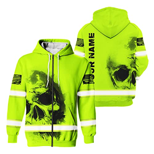 Style Hivis Safety Jacket Black Skull Us Flag Customize Name High Visibility Jackets For Men Reflective Jacket Construction Workwear For Runners, Walkers, Trucker, Operator, Patriotic-S #TOP21