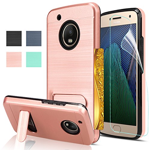 Moto G5 Plus/Moto X 2017 Case with Screen Protector,AnoKe[Card Slots Holder][Wallet] Kickstand Dual Layer Heavy Duty TPU Shockproof Protective Case Cover for Moto G Plus(5th Generatin) KC1 Rose Gold