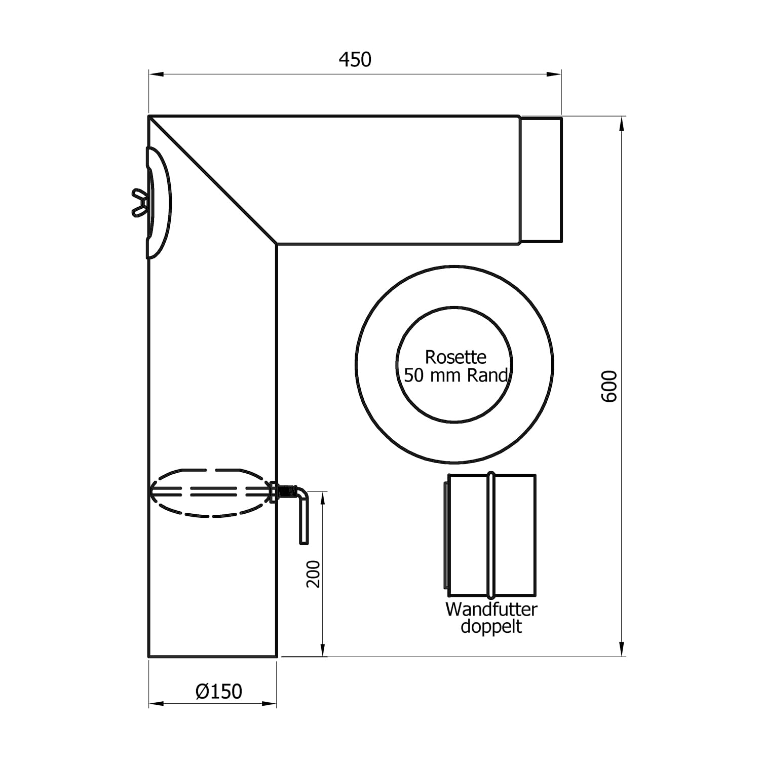 raik Rauchrohr Ofenrohr Set 150 mm zweiteilig schwarz 90 Grad Winkel integrierte Zugregulierung und Reinigungsöffnung 2 mm Stahl Senotherm Lackierung hitzebeständig bis 600 Grad