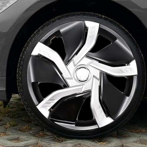 Image of Silver with Black Hubcap Wheel Cover Replacement Kit 14 inch Hub Caps Wheel Rim Cover Car Exterior Accessories Pack of 4, 14 Inches
