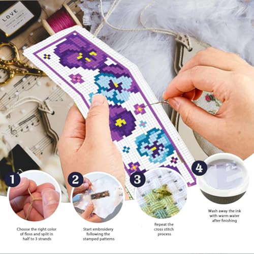 Image of INFUNLY 6pcs Red Rose Cross Stitch Bookmark Kits DIY Sunflower Peach Blossom Embroidery Bookmark Kits for Beginners with Instruction Blue Flower Bookmark Making Kit for Book Lovers Readers Women Gifts