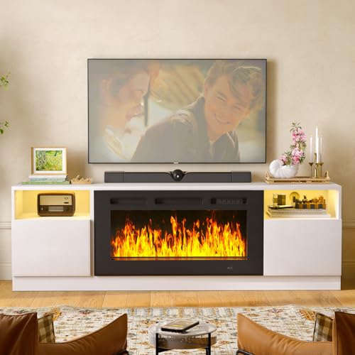 Image of MXV 70 inch Fireplace TV Stand for TVs Up to 80 inch, LED Light Entertainment Center with 36 inch Electric Fireplace, Modern Wood Texture TV Media Console with Highlight Storage Cabinet, White+Black