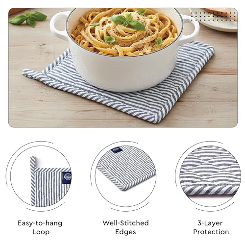 Image of Encasa XO 100% Cotton Apron Set for Women & Men with Adjustable Apron, Oven Gloves & Pot Holder (Pack of 3) Combo, Heat-Resistant, Soft & Durable for Cooking, Baking & Grilling (Ticking Navy Blue)