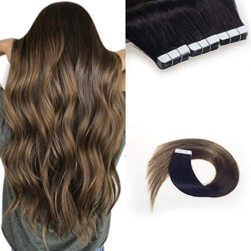 sindra 16" Balayage Tape in Hair Extensions Seamless Remy Hair Extensions With Salon Style,Color 1B Fading to #6 and #27 (20 Pcs 50gram Per Package)