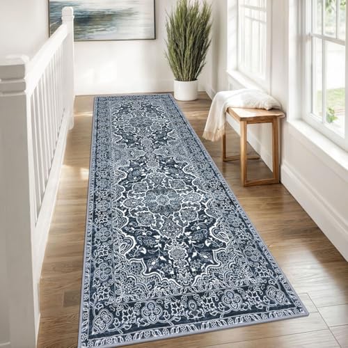KUTA Washable Kitchen Runner 3x8, Non Skid Washable 8 ft Navy Blue Runners, Printed Vintage Distressed Floral Area Rugs Ultra Soft Carpet for Bedroom Living Room