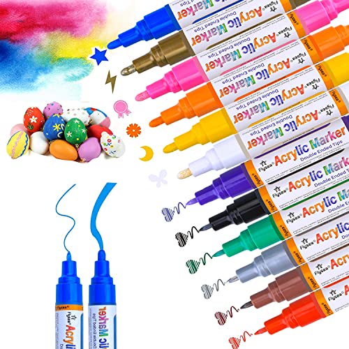 Marqueur Acrylique stylos acryliques - Peinture Permanent 12 Couleurs pour Enfant Aldulat à double pointe extra fine et moyenne pour peinture sur rocher toile bois métal céramique verre gobelet tissu Cover