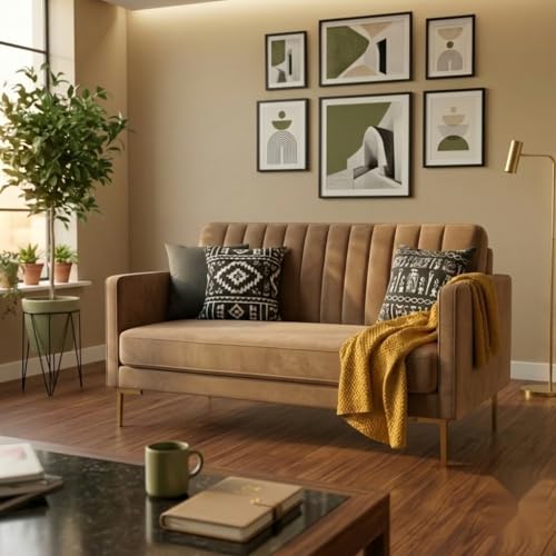 Image of Velum 3 Seater Sofa for Living Room & Office | Premium Fabric Upholstery | Solid Wood Frame | Comfortable Seating | 3 Years Warranty (Light Brown, 2 Seater Sofa)