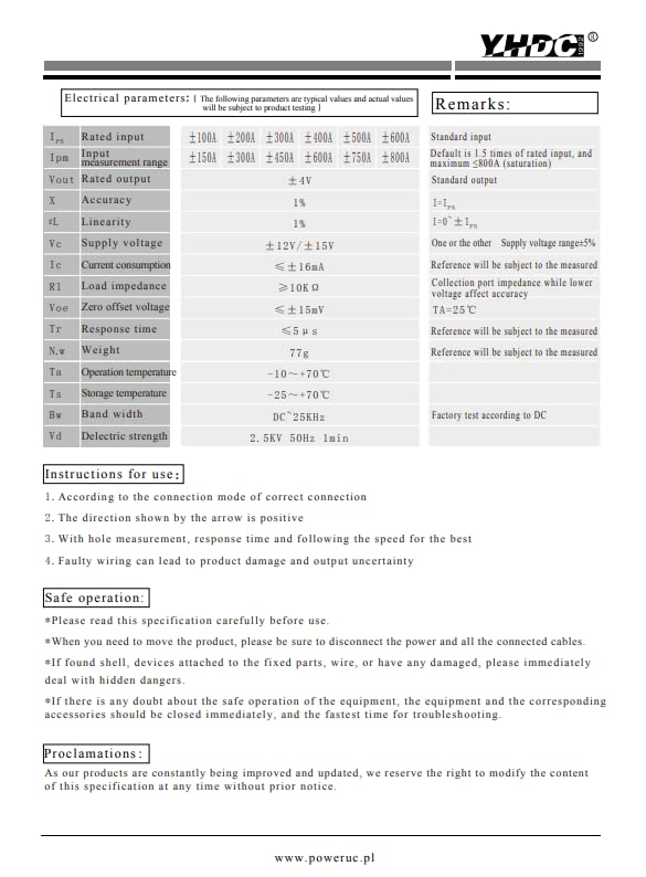 YHDC Hall Split core Current Sensor YHDC HST21 Input ±100A ±200A ±300A ±400A ±500A ±600A/output ±4V. suppy Voltage ±15V (HST21, 100A -4V)