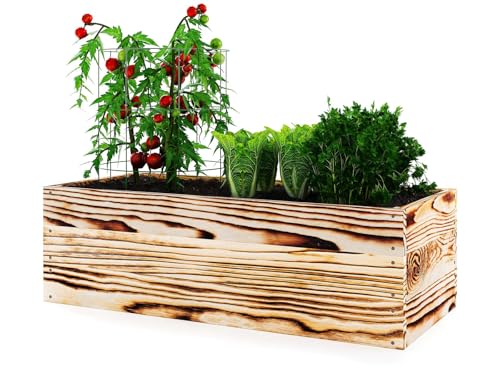 Lermowoood Hochbeet aus Holz 120x40x30 cm Geflammt – Pflanzkasten für Gemüse & Kräuter – mit Agrovließ – steckbar & stapelbar- Aussenbereich ideal für Garten, Balkon & Terrasse
