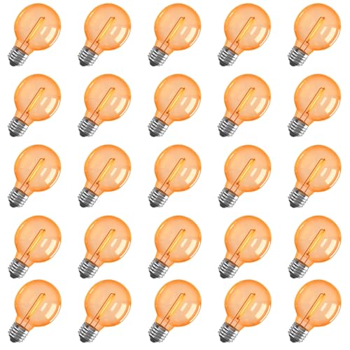 Image of 25 Pack G40 Orange LED Replacement Light Bulbs, Shatterproof Halloween G40 LED Orange Globe Lights Bulbs for Outdoor String Lights Patio Party Decor, 0.6W, E12 /C7 Candelabra Base, 2700K Warm White
