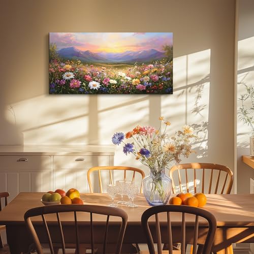 crmotu Large Landscape Wall Art, Flower Wall Art, Floral Wall Decor, Daisy Field Artwork for Walls, Mountain Wilderness Scenic Paintings Wall Decor Living Room Bedroom Kitchen Canvas Prints 20x40inch