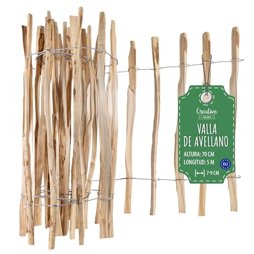 Creative Home Valla de Madera de Avellano | 70 cm de Altura y 5 m de Largo | Valla Enrollable | Espaciado entre Listones 7-9 cm | Ideal para Bordes de Flores | Cerca de Jardín de Madera de Nogal