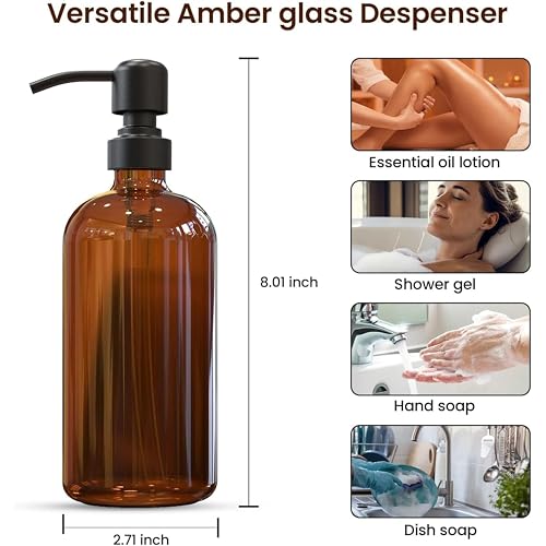 Image of Sunrise Premium 4 Pack Amber Glass Soap Dispenser 16 OZ with Matte Black Stainless Steel Pump, Hand and Dish Soap Dispenser Set for Bathroom and Kitchen Sink with 12 Waterproof Labels