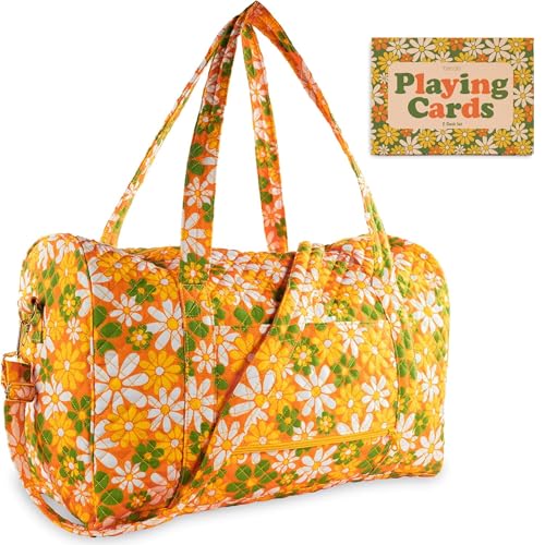 ban.do Quilted Cotton Duffel Bag for Women, Large Carry On Travel Weekend Bag Bundle with 2 Decks of Playing Cards, 52-Count Standard Card Deck with Case, Retro Floral